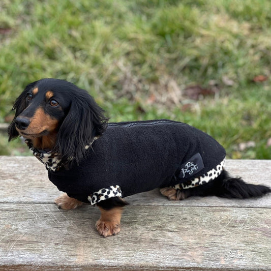 IVDD Zip-Up Leopard Print Trim Dachshund Fleece Jumper